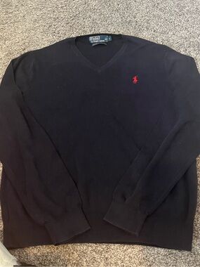 Ralph Lauren Men’s Blue V-Neck Sweater with Red Pony Logo